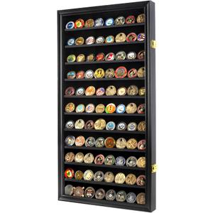 DisplayGifts Military Challenge Coin Display Case Poker Chips Holder Wall Cabinet Showcase Rack Black Finish 29" H X 16" W Compatible with Army Navy Air Force Marine Corps Challenge Coins