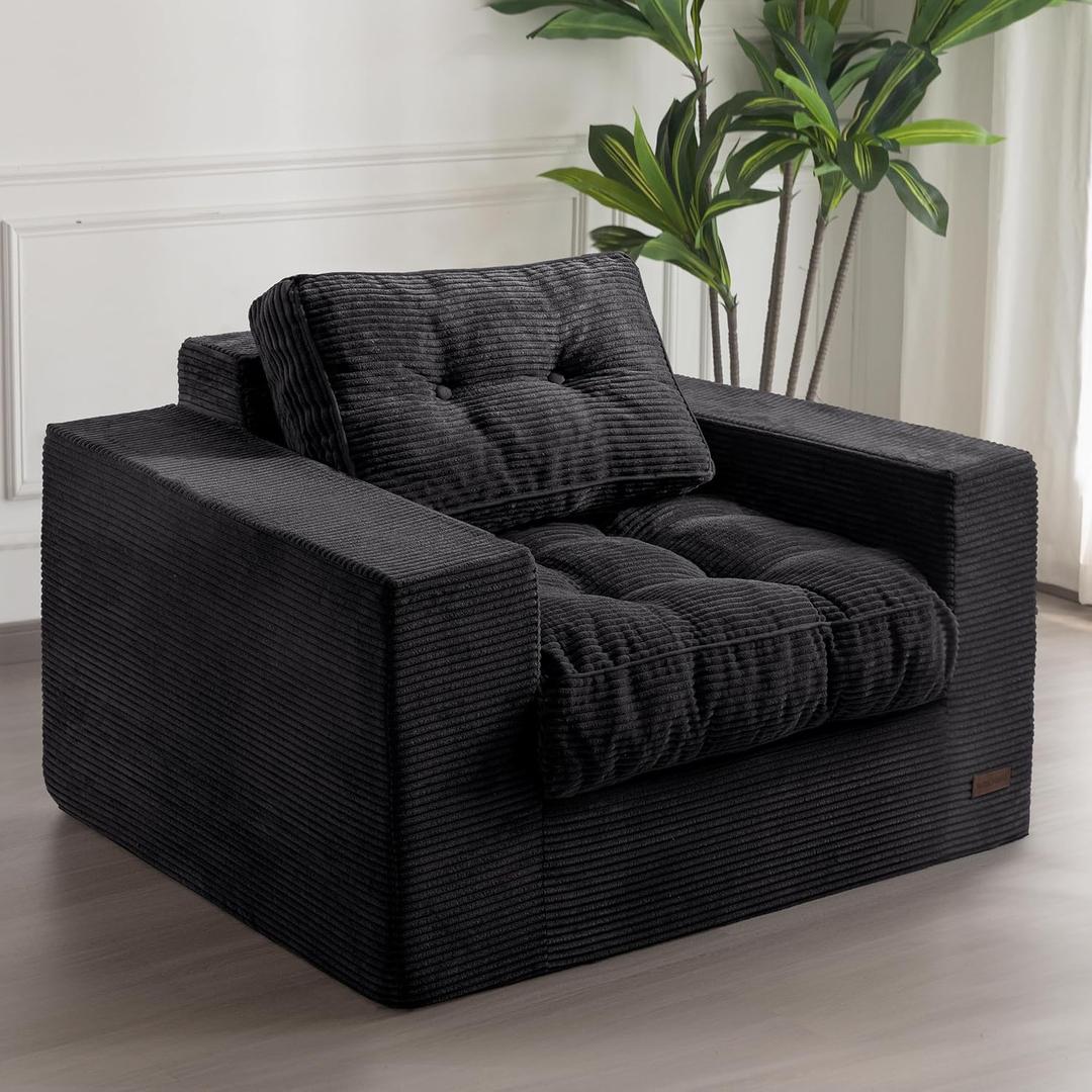 MAXYOYO Living Room Chair for Adults, Upholstered Floor Sofa with Armrests, Boneless Chair with Tufted Cushion & Backrest, Sofa in A Box, Bean Bag Couch for Bedroom Living Room, Dorm, Black (Single)