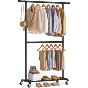 SONGMICS Heavy-Duty Clothes Rack, Double-Rod Clothing Rack for Hanging Clothes, Industrial Garment Rack on Wheels, Adjustable Metal Frame, 2 Casters with Brakes, Commercial Display, Black UHSR62BK