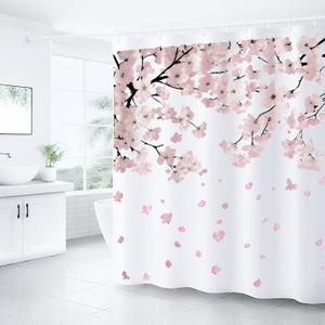 Cherry Blossom Shower Curtains for Bathroom, Watercolor Floral Shower Curtain Sets Waterproof Plant Shower Curtain Bathroom Curtains Set 72x72 inch with Hooks (Hazy Pink, 72" W x 72" L)