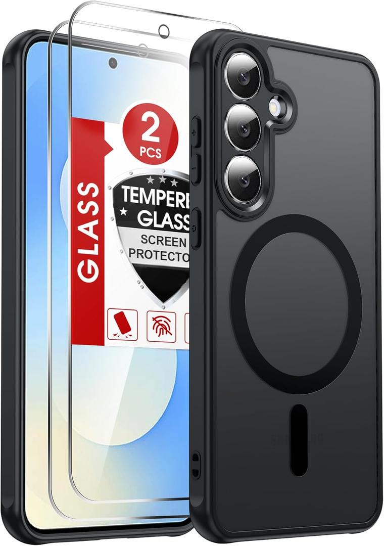 LeYi for Samsung Galaxy S25-FE Case: [ ] Compatible with Mag-Safe with Screen Protector, Military-Grade Matte Translucent Soft-Touch Skin Funda para S25FE S 25 FE, Black