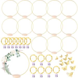 14 Pack Floral Hoop with Stand and LED Fairy Lights 18 inch Metal Rings for DIY Centerpiece Table Decorations Crafts Macrame Rings Hoop Wreath Dream Catcher Rings Wedding Christmas Wreaths, Gold