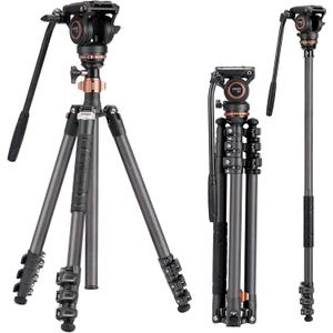 Cayer CF2451 Carbon Fiber Tripod Kit, 75 inches Video Tripod Leg with Fluid Head, 4-Section Tube Stand Convertible to Monopod for DSLR Camera, Video Camcorder, Max Load 13.2lb