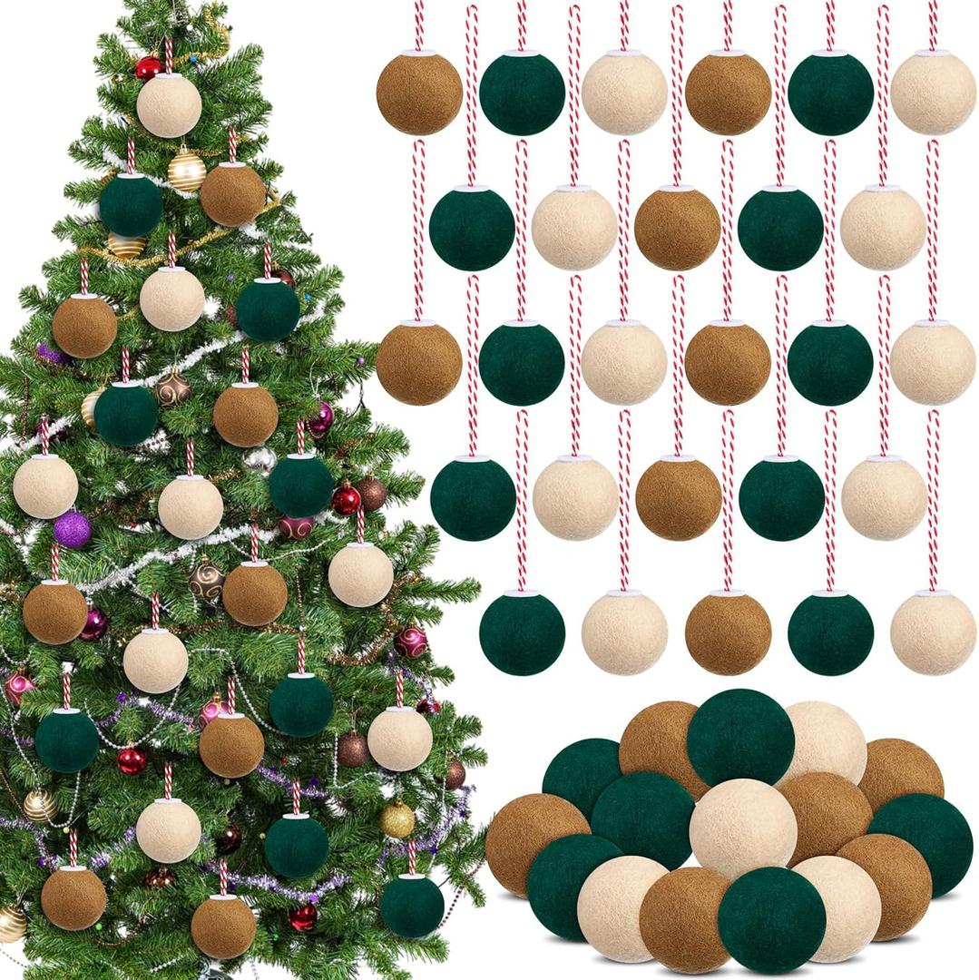 SmoothNovelty 36 Pcs Christmas Felt Ball Ornaments Mini Wool Felt Balls 1.57 Inch Christmas Tree Hanging Decorations Brown Green Beige Pompom Decoration DIY