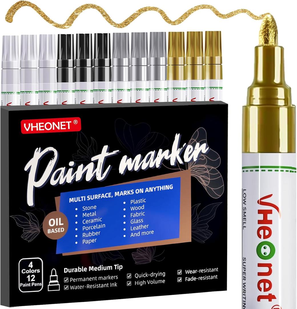 Paint Markers,4 Colors Oil-Based Waterproof Quick Dry Permanent Paint Pens for Metal, Wood, Fabric, Plastic, Canvas, Glass, Rock, Tire, DIY Craft (Metallic Gold,Metallic Silver,Black,White)