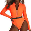 80s 90s Outfit for Women Neon High Cut One Piece Swimsuits Long Sleeve Bathing Suits Rash Guard Tummy Control Surfing Zipper (Orange)