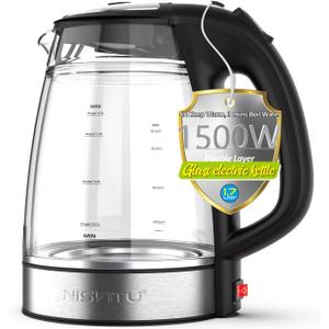 NISVITU 1.7L Dual Wall Cool Touch Electric Kettle, BPA-Free Borosilicate Glass Inner, PC Outer, 1500W Fast Boil Cordless Hot Water Boiler & Electric Tea Kettle, Keep Warm, Auto Shut-Off, Black