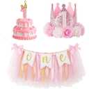 Yaomiao Birthday Banner Decorations Set Bow Highchair Banner Pink Princess Crown Hat Number Candle Decor Princess Theme Party for Photo Props