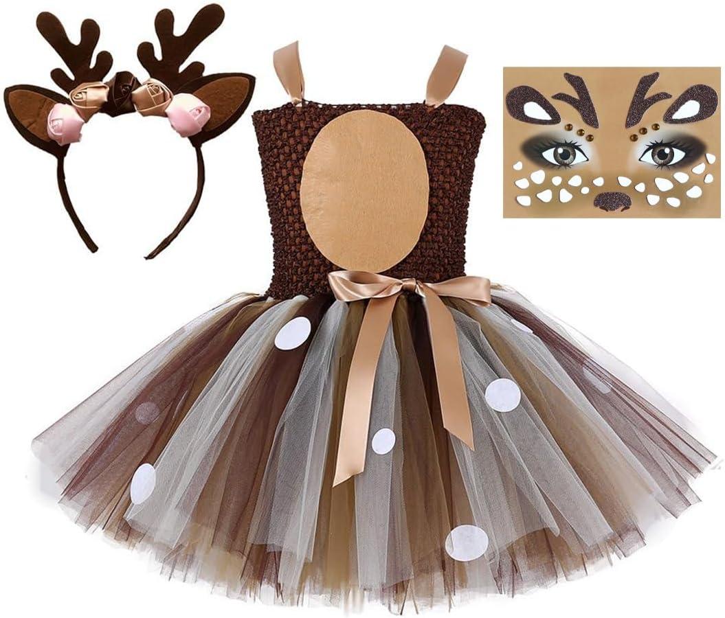 Tutu Dreams Halloween Animal Costumes for Kids Girls 1-10Y Reindeer Giraffe Tiger with Headband Halloween Dress Up Clothes (7-8 Years)