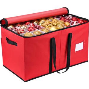 Mrrihand Christmas Ornament Storage Box, Xmas Decoration Organizer with Adjustable Dividers - Storage Container Keeps 128 Holiday Ornaments 3-Inch, Dual Zipper Closure, 600D Tear-Proof Material, 25.5"L x 12.9"W x 13.5"H, (Red)