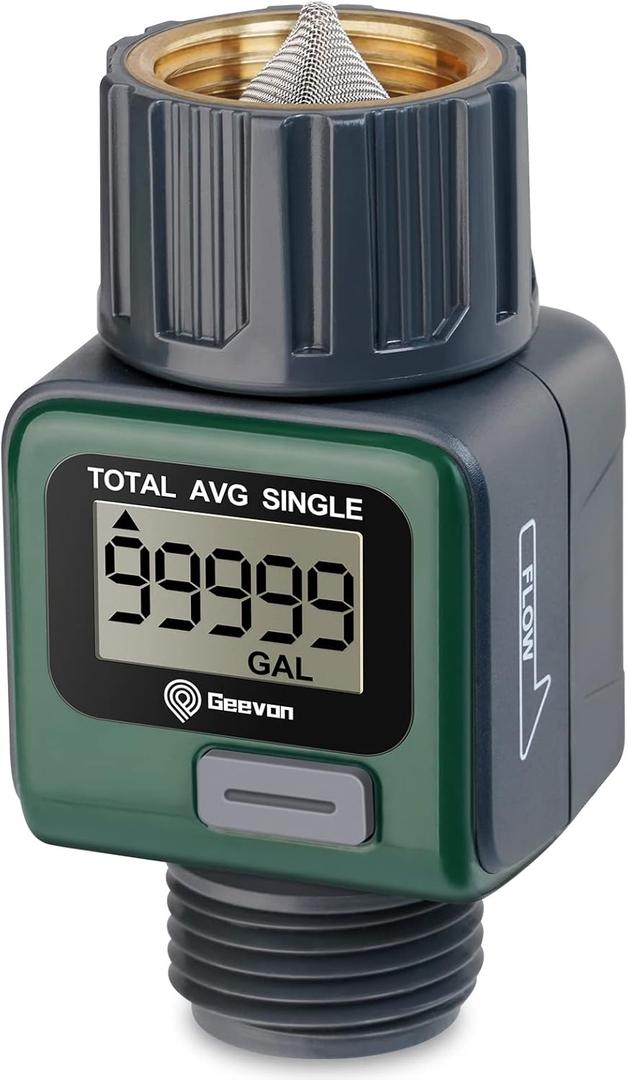 Geevon Garden Hose Water Flow Meter with Brass Inlet Metal Thread, High Accuracy & IPX6 Waterproof for Outdoor Garden Watering, RV Water Tank Filling, Lawn Sprinkler, and Nozzle Sprayer (1 Pack)