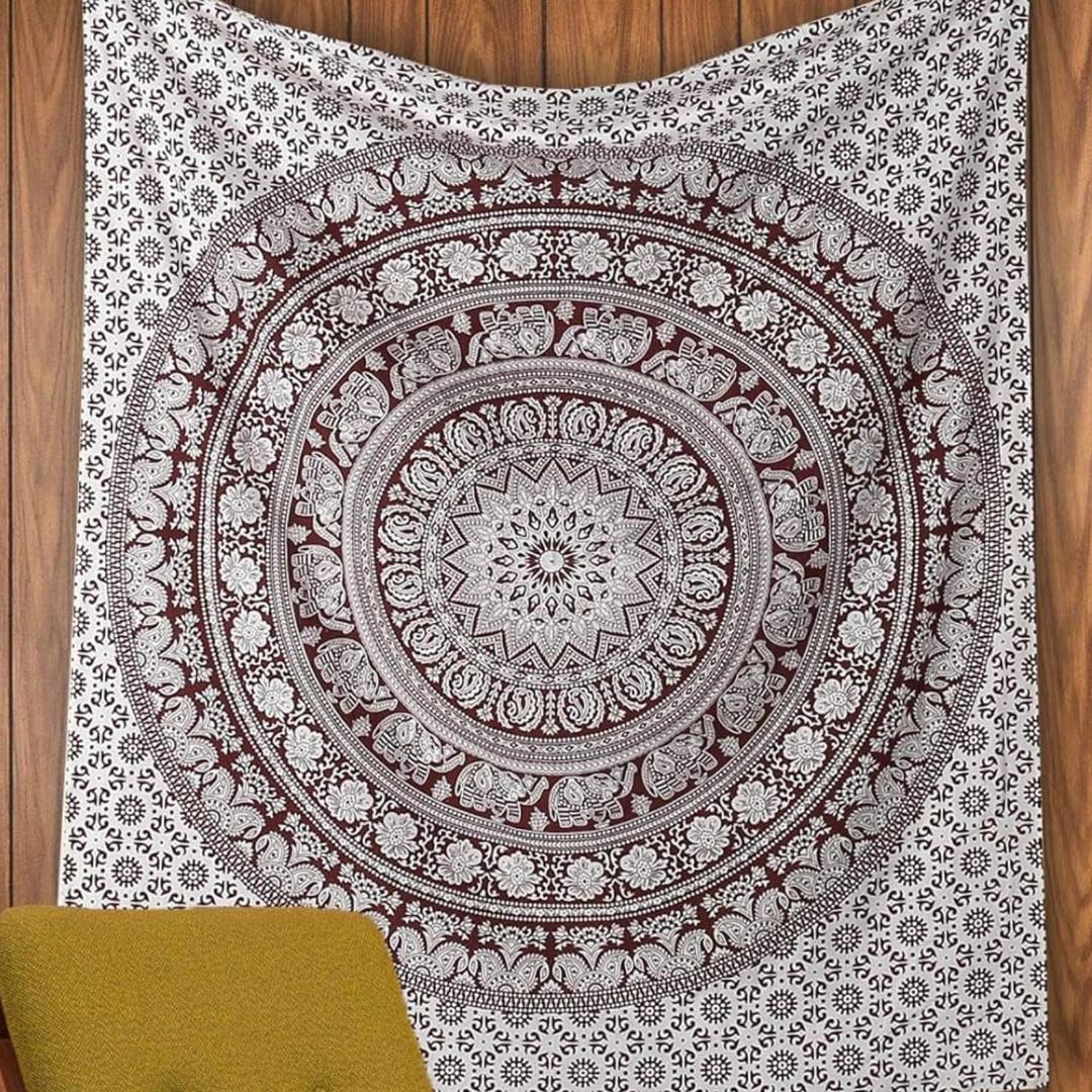 RAJRANG Cotton Mandala Maroon Hippie Tapestry For Bedroom Boho Elephant Hippie Wall Hanging Dorm Decor Intricate Indian Tapestries Medallion Art Print - 50x60 Inches