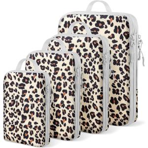 4 Set Compression Packing Cubes For Travel Bags Organizer For Luggage Suitcase Organizer, Compression Bags For Travel Accessories Luggage Storage Set (4 Pcs, Brown Leopard)