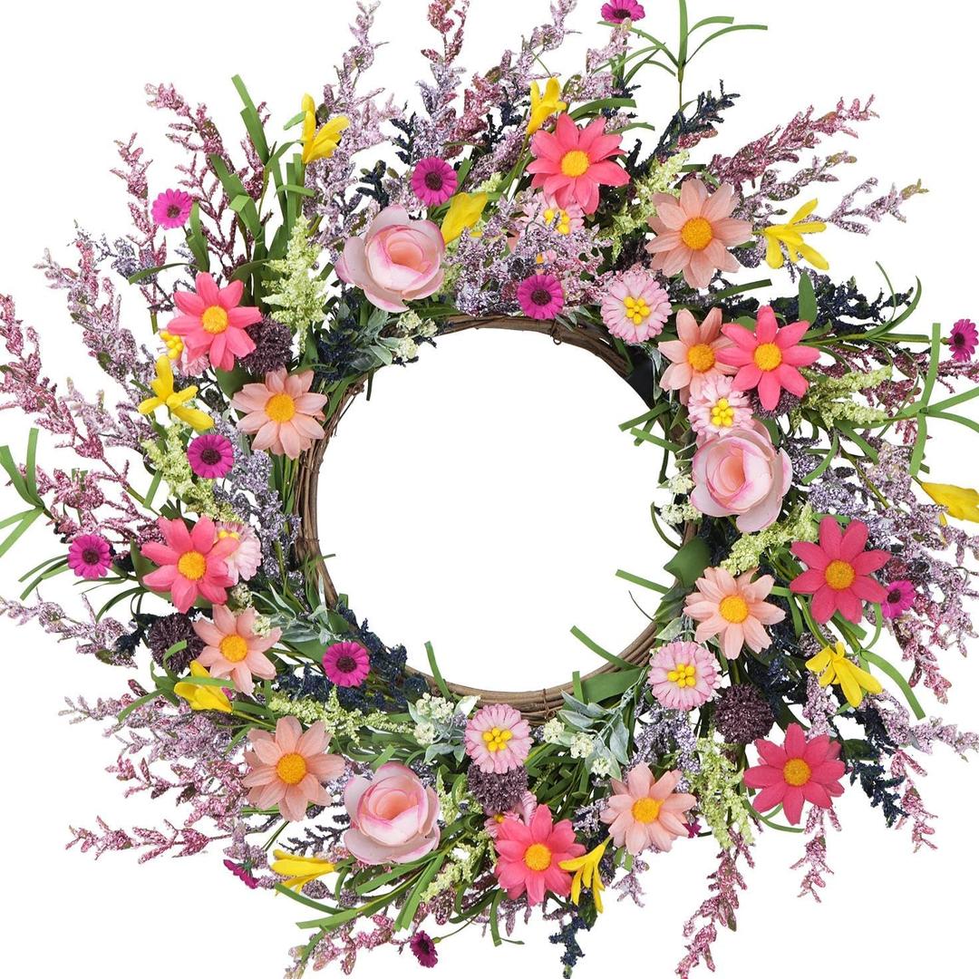 22" Front Door Wreath Floral Wreaths for Front Door Outside All Season Colorful Daisy Mixed Lavender Pink Roses Large for Farmhouse Indoor Outdoor Wall Reef Wedding Fall Summer Party Home Dcor