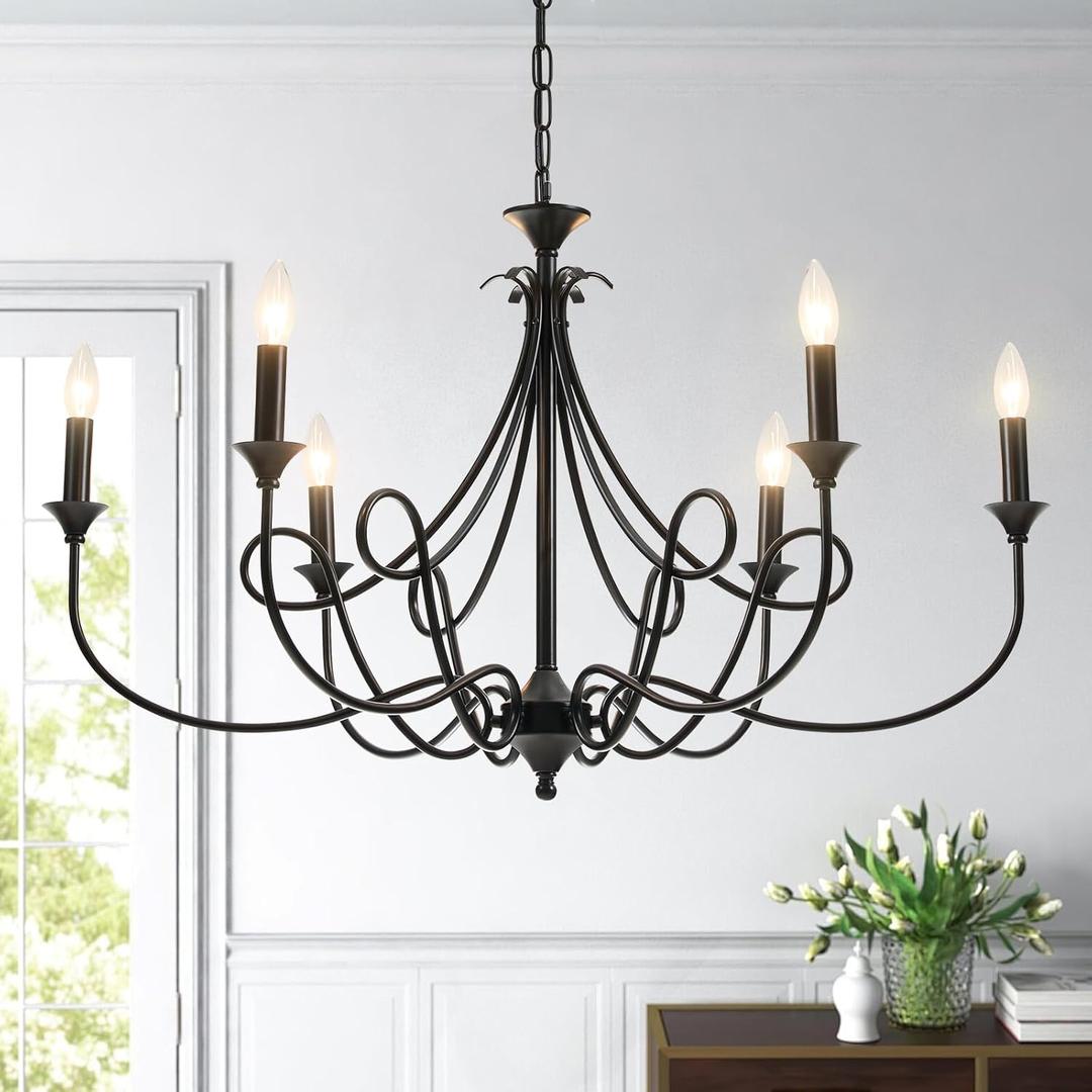 Modern 6-Lights Black Chandelier Large 36.6in Farmhouse Chandeliers Candle Dining Room Light Fixture for Living Room Kitchen Island Foyer Bedroom
