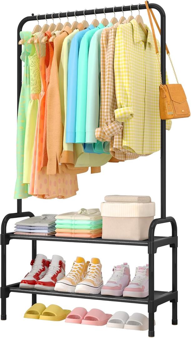 Sakugi Clothes Rack - Clothing Rack with 2-Tier Shoe Rack and Anti-Slip Stopper, Shoe Organizer for Entryway, Bedroom, or Laundry, Black, 29" × 12.2" × 59.3"