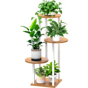 4 Tier Wood Tall Plant Stand Metal Rack Indoor, Multiple Flower Pot Holder Shelves Corner Rack, Round Planter Shelf Display Rack Storage Organizer for Patio Living Room Balcony(White+Wooden)