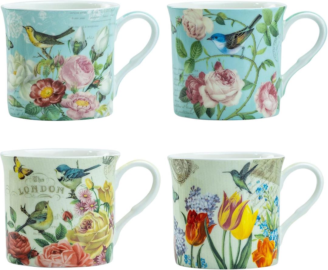 Grace Teaware Bone China Coffee Tea Mugs 10-Ounce, Assorted Set of 4 (Botanical Bird Garden)