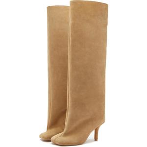 VOMIRA Women's Knee High Nude Suede Wide Calf Square Toe Stiletto Fall Winter Pull On High Heel Long Ladies Fashion Dress Tall Slouchy Boots (7.5, Apricot)