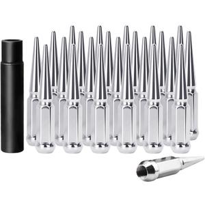 Set of 24, 14 mm x 1.5 Wheel Spike Lug Nuts, M14x1.5 Conical Bulge Seat, Closed End Spiked Lug Nuts with 1 Socket Key for Silverado Sierra 1500Aftermarket Wheel (Chrome)