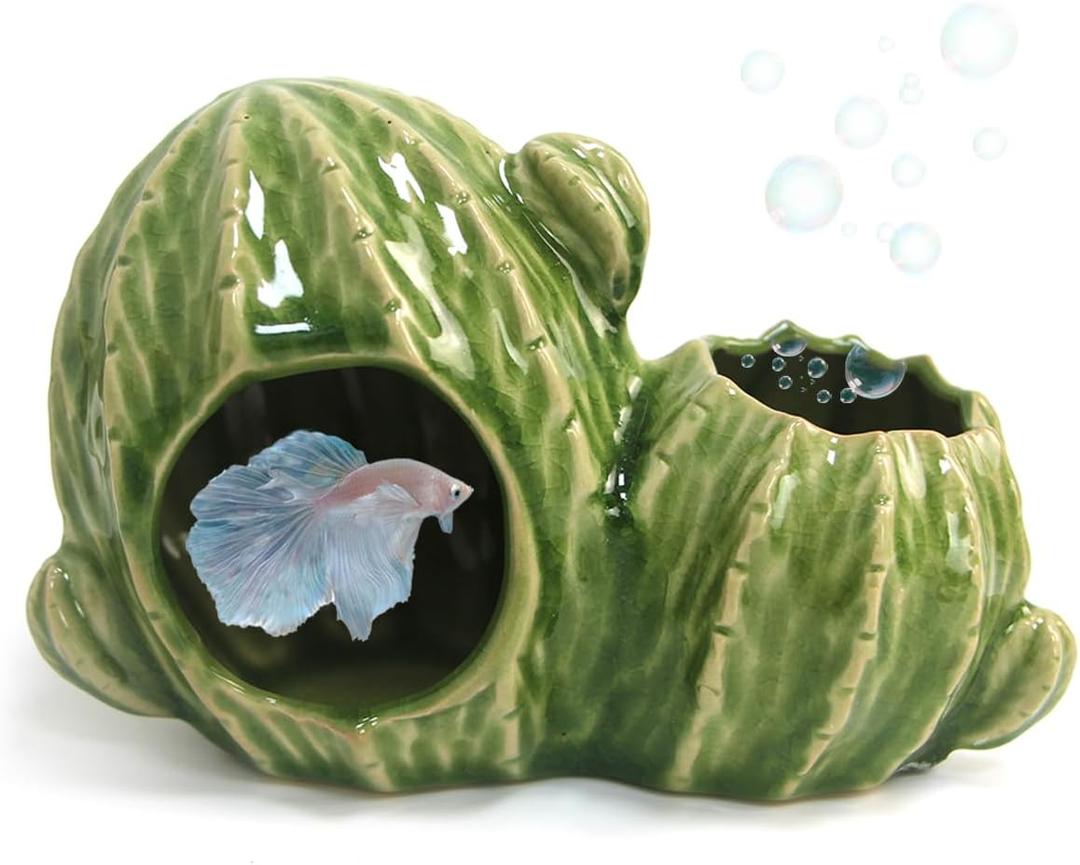 Aquarium Decor Cave Betta Fish Tank Accessories Ornaments Cactus House Hideout for Shrimp Cichlid Hermit Crab, Octopus Hiding Breeding for Tank (Green Cactus)