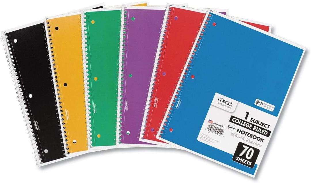 Mead Spiral Notebook, 1 Subject, College Ruled Paper, 7-1/2" x 10-1/2", 70 Sheets per Notebook, Colors Will Vary, 6 Pack (73065)