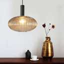 Pendant Light Black Lamp Holder and Glass Striped Light Shade Modern Pendant Lighting for Kitchen Island Farmhouse Hanging Lights Fixtures (L, Amber)