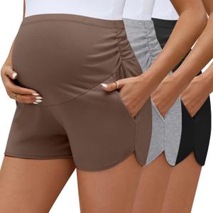 3 Pack Women's Maternity Biker Shorts Pregnancy Shorts Pocket Cotton High Waisted Over Belly Running Athletic Bottom (Medium, Brown, Light Gray, Black)