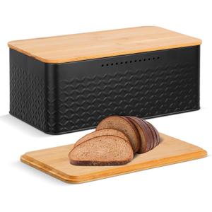 Metal Bread Box with Bamboo Cutting Board Lid, Bread Storage Container for Kitchen Countertop, Modern Bread Bin Holder Breadbox, Kitchen Decor Organizer (Black)