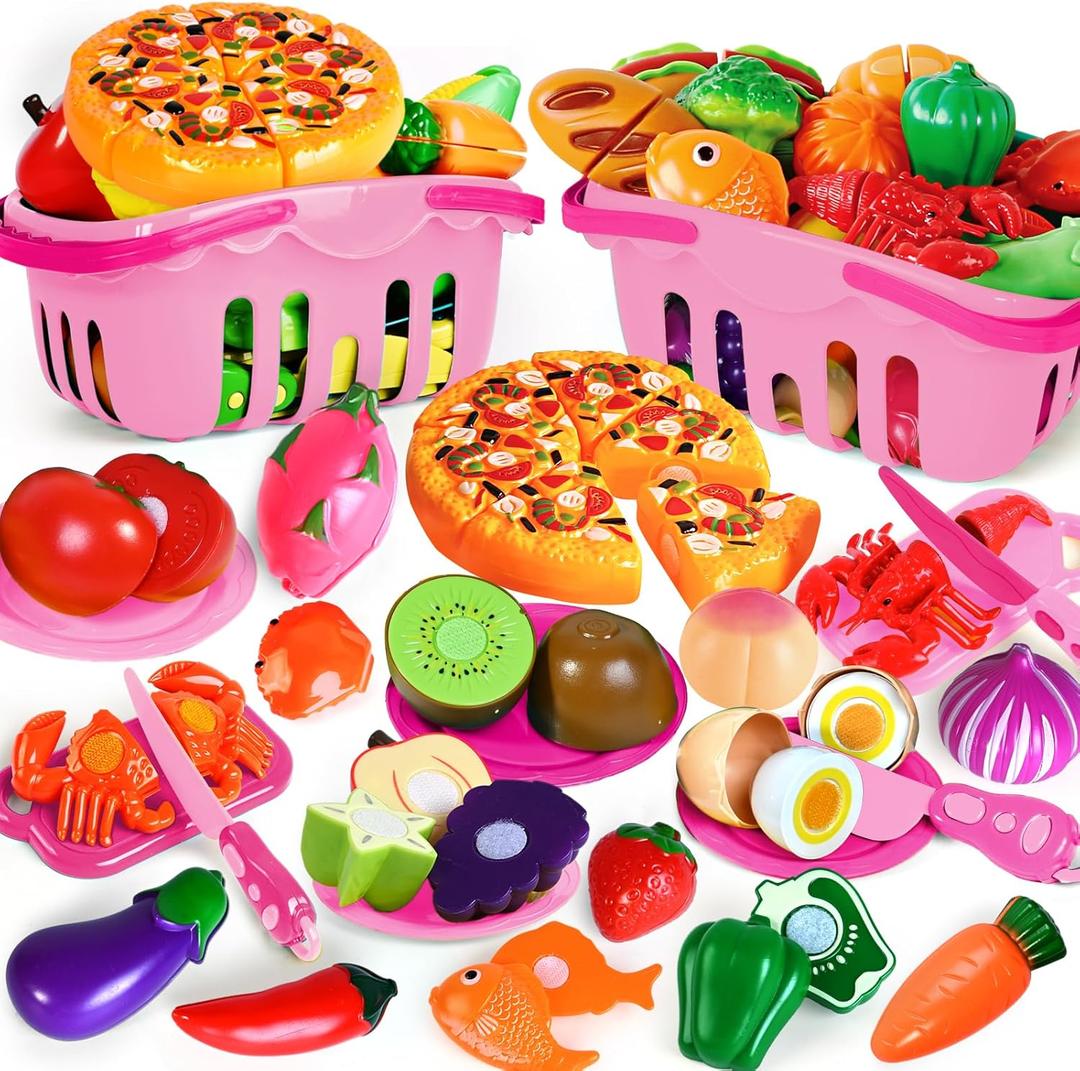 100 Pcs Play Food Set for Kids Kitchen, Pretend Food Toy for Toddlers, Play Kitchen Toys Accessories with 2 Baskets, Cutting Fake Food/Fruit/Vegetable, Christmas Birthday Gifts for Boys and Girls (Pink)