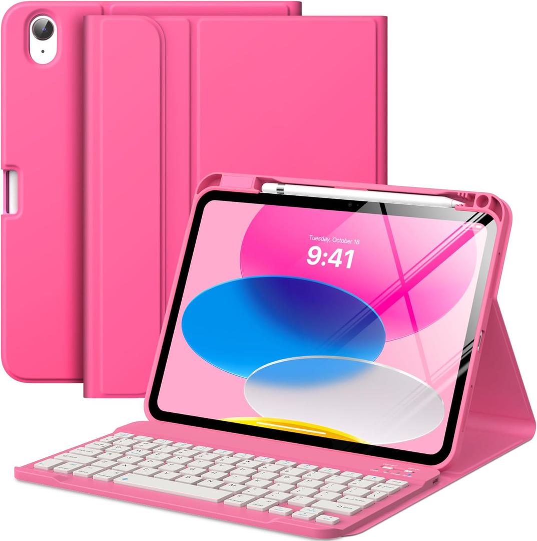 MoKo for iPad (A16) 11th Generation Case with Keyboard 11 inch 2025, iPad 10th Generation 10.9 inch Case with Pencil Holder, Multi-Angle Detachable Bluetooth Keyboard, Persian Pink