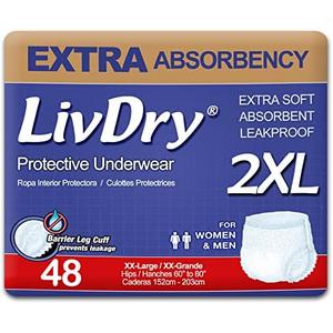 LivDry Adult XXL Incontinence Underwear, Extra Comfort Absorbency, Leak Protection, XX-Large, 48pcs Per Pack