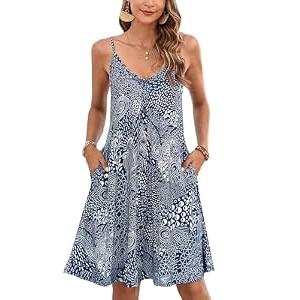 ENMAIN Summer Dresses for Women Blue Thin Strap Sleeveless Sundress V Neck Causal Button Down Midi Dress with Pocket Stretchy Swing Beach Cover Up, Size L