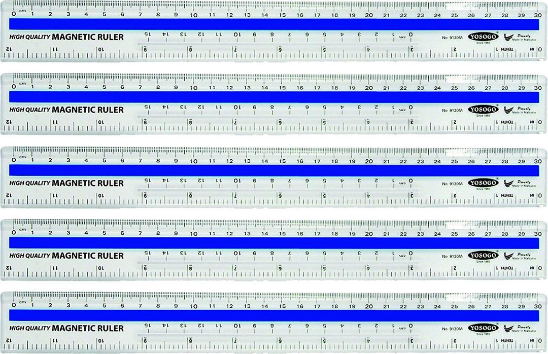 12 inch / 30 cm Magnetic Plastic Transparent Ruler - Pack of 5 by YOSOGO