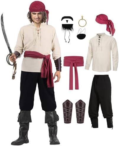 Ruimeier 10 Pcs Pirate Costume Men Renaissance Costumes Adult Halloween Medieval Viking Ouifits Set Shirt Pants Accessories, Large 