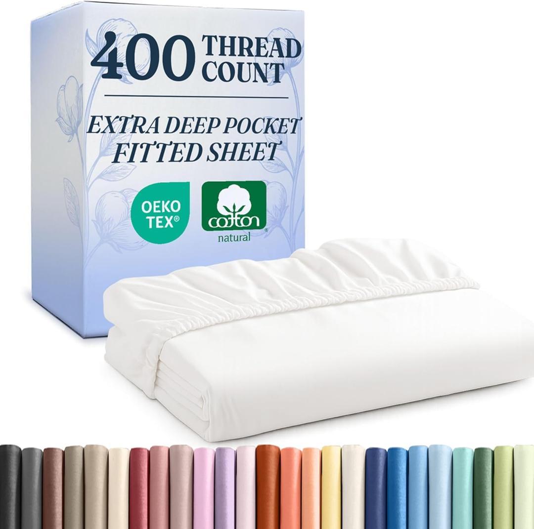 Extra Deep Queen 400 Thread Count Cotton Fitted Sheet - Hotel Luxury Single Fitted Sheet Only - Easily Fits 18" to 24" Mattress - Soft, Wrinkle Free, Breathable and Comfy - Extra Deep Pockets - White