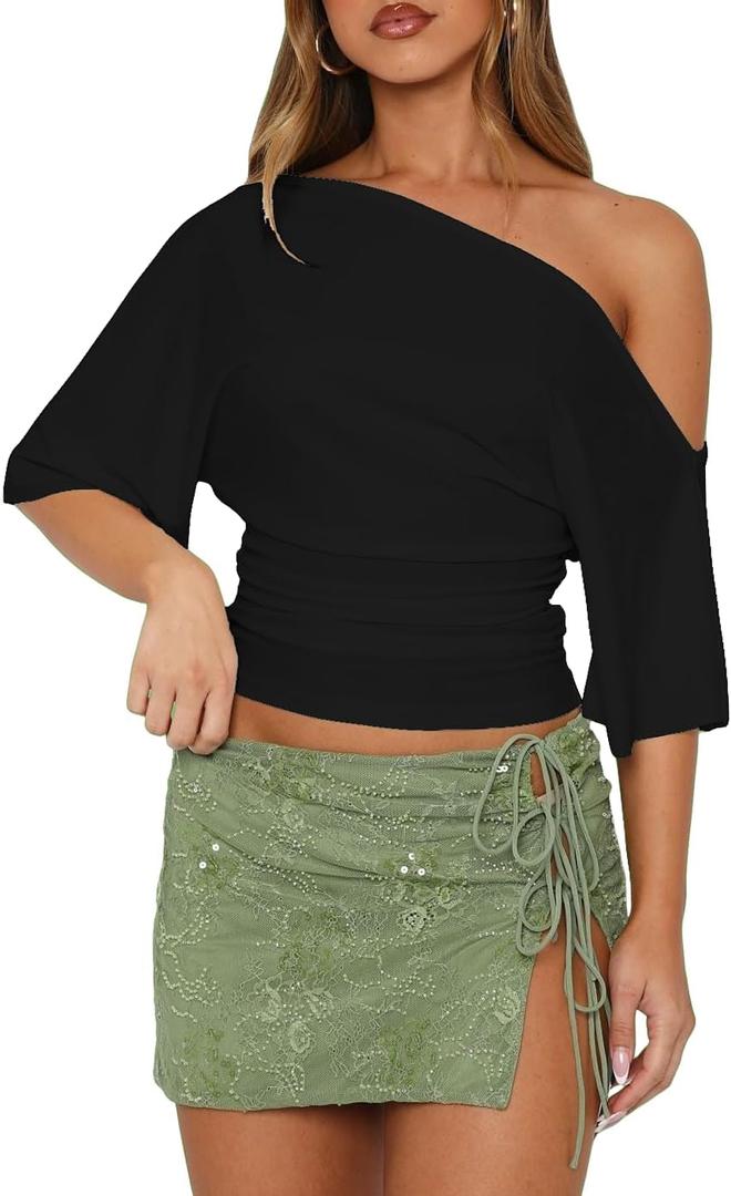 BONITEE Women One Shoulder Tops 2026 Summer Off The Shoulder Shirts Casual Cropped Short Sleeve Top Crop Blouses Tee Tshirts, Black, Meduim