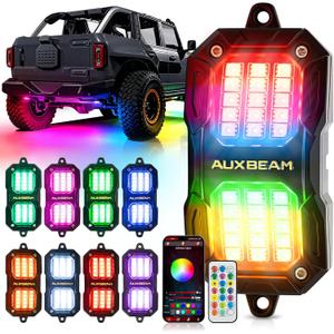 Auxbeam 8-Pod RGB LED Rock Lights w/Brake Mode 217°Dual-Side Lighting Underglow Kit w/Bluetooth APP & Remote Control Music Voice Sync Waterproof Wheel Well Lights for Trucks Offroad RV