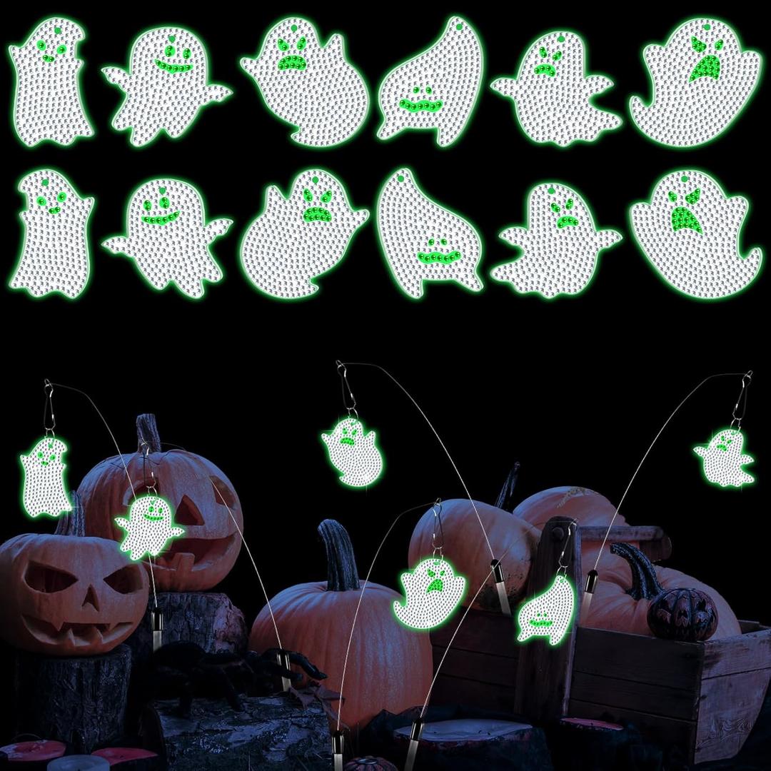 VioraWhite 12 Pcs Halloween Ghost Diamond Painting Swaying in The Wind, Glow in The Dark Spooky Faces Diamond Art Kits for Adults Beginners, High Flexibility Iron Stakes Outdoor Garden Decoration