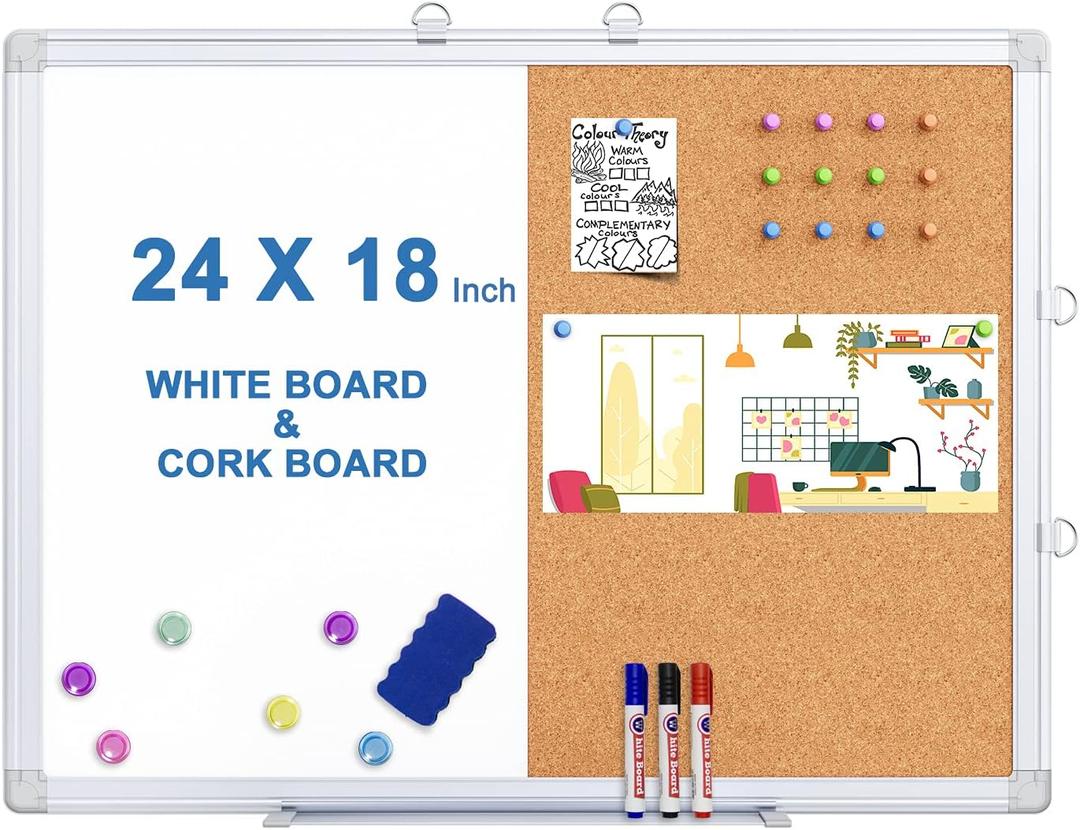 Magnetic White Board and Cork Board Combo, 24 X 18 inches Whiteboard Bulletin Combination Board, Wall Mounted Dry Erase Whiteboard Push Pin Vision Board for Home, School and Office