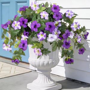 Artificial Fake Flowers Plants for Outdoor Decoration, 2PCS Faux Petunias Silk Flower UV Resistant No Fade for Home Outside Garden Balcony Yard Porch Realistic Indoor Decor (Purple White)