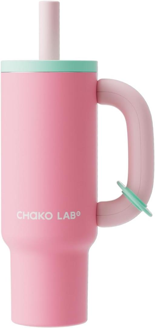 CHAKO LAB 33oz Insulated Tumbler with Spout and Straw | Ceramic Coated Interior for Pure Taste | Leakproof Stainless Steel Water Bottle| Vacuum Travel Coffee Mug |Cup Holder Friendly | Strawberry
