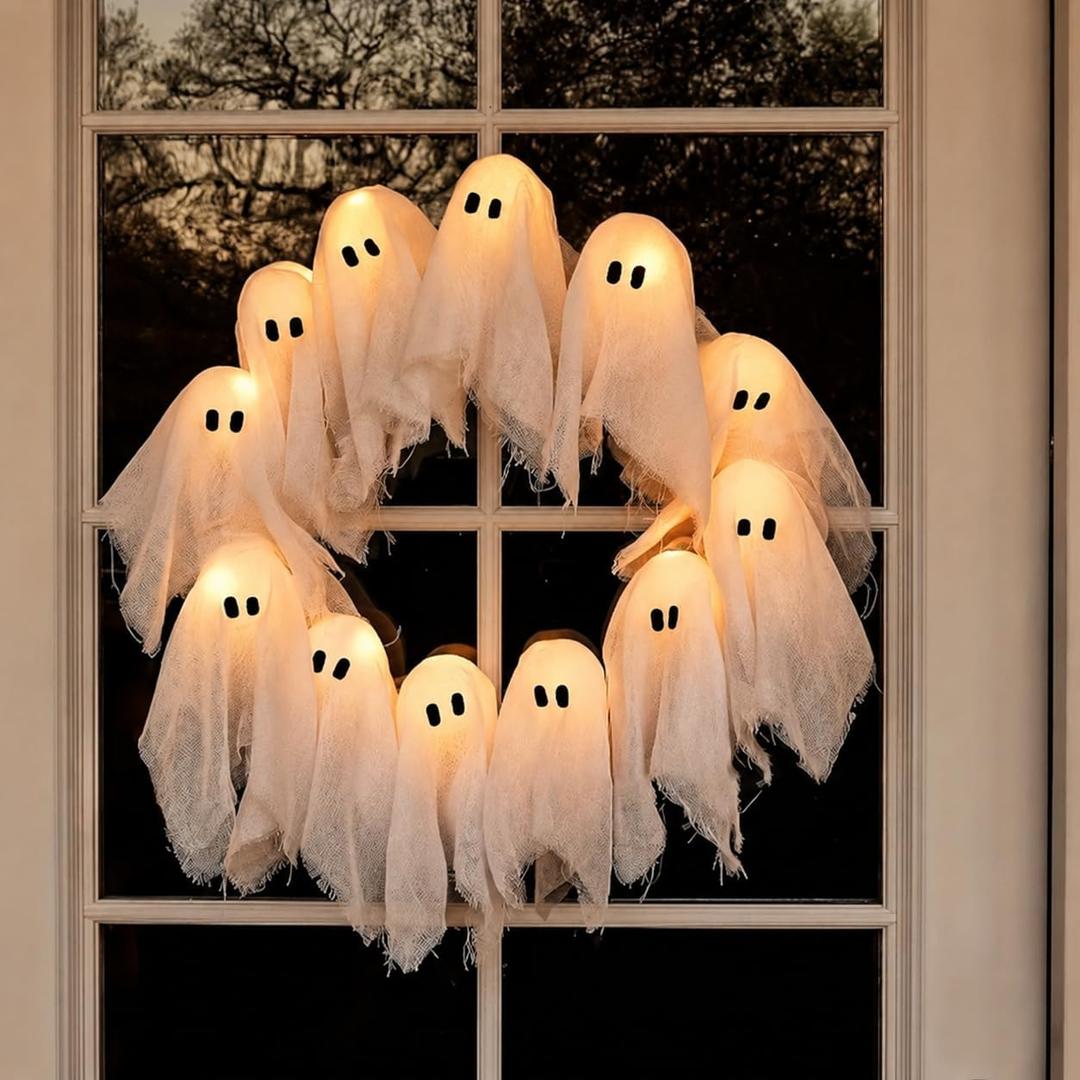 LED Light Up Halloween Ghost Wreath for Front Door, Cute Spooky Party Decor, 2.4"D x 21.98"W x 22"H
