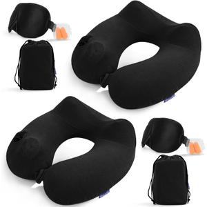 2 Pack Inflatable Travel Neck Pillows for Airplanes, Head Support Velvet Adult Neck Pillows for Long Flight, Kit with Eye Mask, Earplugs and Storage Bag, 2, Black
