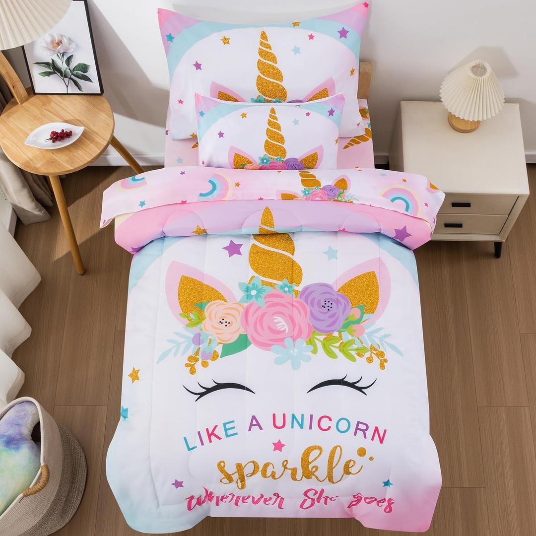 JQinHome Toddler Comforter for Girls, 5 Piece Bed in A Bag 3D Unicorn Sparkle Theme Bedding Set with 2 Pillowcases,1 Flat Sheet,1 Fitted Sheet (Unicorn Sparkle, Toddler Size 42" x 57")