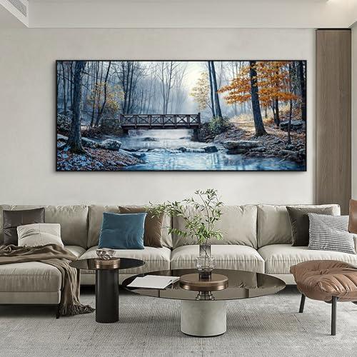 yiijeah Large Wall Art for Living Room - Canvas Framed Artwork for Bedroom Mountain Forest Landscapes Village Bridge Prints Modern Wall Decor - 70x31 Inches