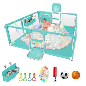 Playpen for Babies and Toddlers,73"x71"Baby Playpen with Mat IndoorOutdoor with Breathable Play Pen with Ocean Balls Hanging Pocket Basketball Hoop and Football Goal (Green, 73"x71")