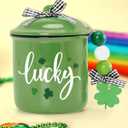Nefelibata Irish/St. Patrick's Day Green Ceramic Canister Jar - St. Patrick's Day Decor - Lucky Shamrock Canister - Buffalo Plaid Bowknot - Candy Holder - Table Centerpiece - 4.9" H x 3.7" W