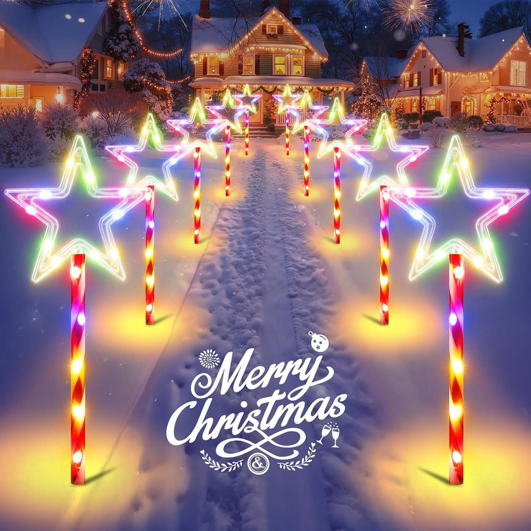 10 Pack Christmas Decorations Outdoor Solar Candy Lights, Multicolor Solar Lights with USB Charge, 10 Modes Waterproof Lights with 150 LEDs, Outdoor Christmas Decoration for Yard Path