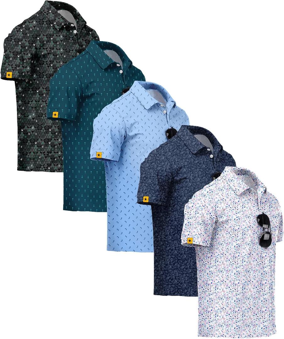 ZITY 5 Pack Mens Golf Shirt Short Sleeve UPF 50+ Moisture Wicking Performance Print Patterns Casual Golf Polo Shirts for Men Blackishgreen Tealblue Lightblue Navy Colorfuldots Large